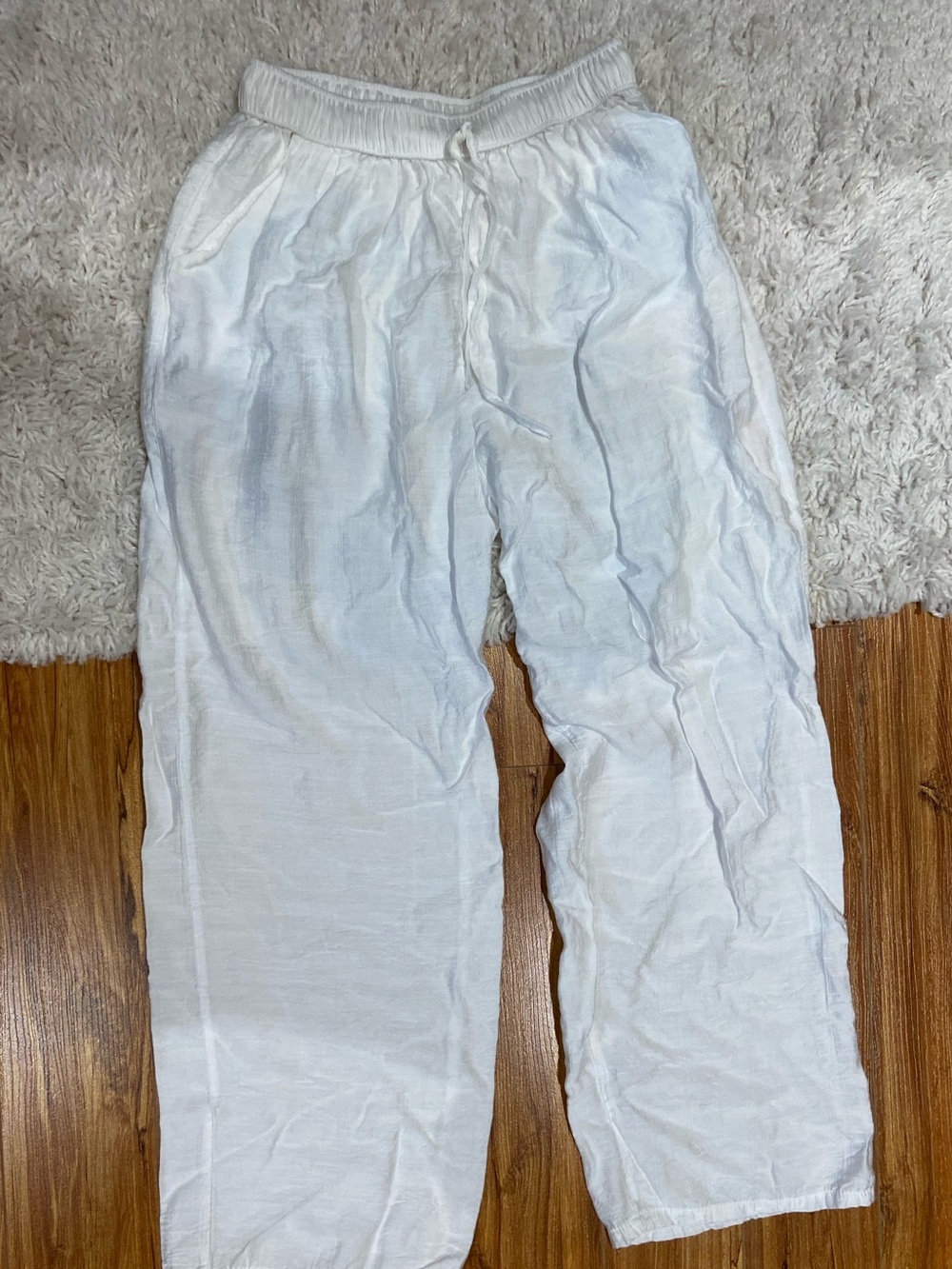 White Drawstring Linen-Blend Casual Pants